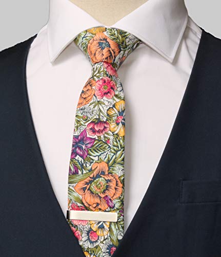 Image of Men's Skinny Tie Floral Cotton Necktie and Tie Bar Clip Sets, Great for Weddings,Groom,Groomsmen