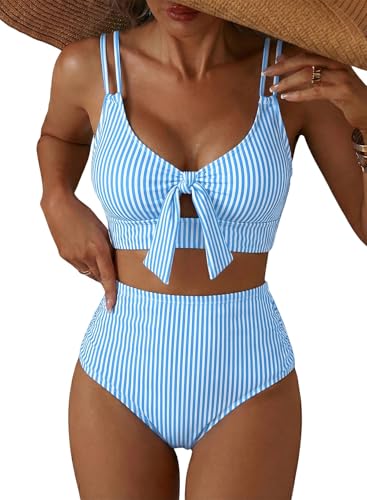 Herseas Bathing Suit for Women Cutout High Waisted Swimsuit Tummy Control Full Coverage Swim Suits 2026 Trendy Summer Vacation Clothes Beachwear Teens Blue Stripes Small