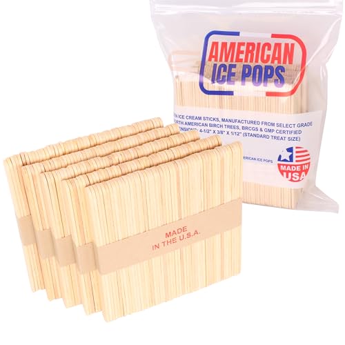 Food Grade Popsicle Sticks Bulk Pack 100 250 500 1000 Count by American Ice Pops Wood Ice Cream Sticks for Treats Small Wooden Sticks Natural Brown Palitos para Paletas 4.5 Inch Made in USA (250)