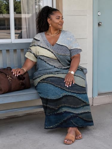 Image of SUZONANA Plus Size Denim Print Maxi Dresses for Women Casual V Neck Short Sleeve with Pockets Soft Jean Look Dress XL-6XL