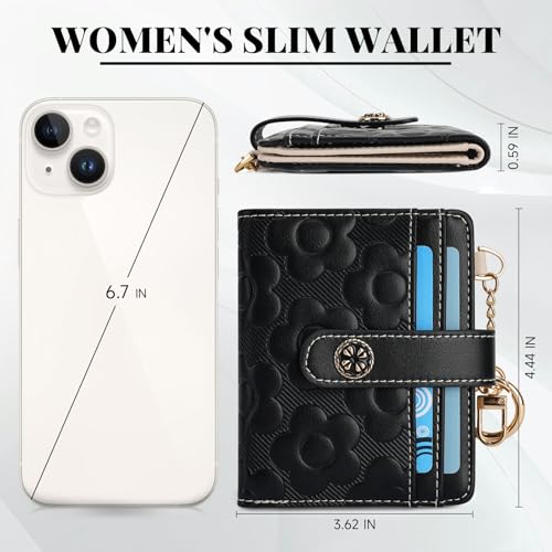 Image of RFID Wallet Women,Slim Small Wallets Embossed Flower Leather Bifold Compact Ladies Girls Wallet with Credit Card Holder Zipper Coin Pocket Black