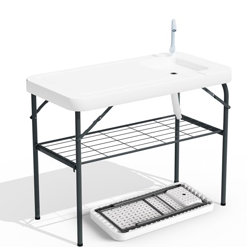 Ortus Collective Fish Cleaning Table with Sink Heavy-Duty HDPE Waterproof & UV-Resistant Portable Outdoor Sink with Hose Hook Up for Camping Picnic Backyard with Grid Rack