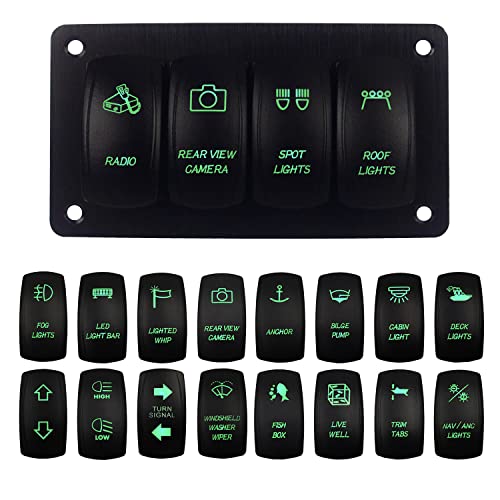Image of 4 Gang UTV Rocker Switch Panel Pre-Wired Aluminum Green Led Marine Grade Boat Switch Panel for Truck Pontoon Camper ATV Console Waterproof 12V 24V IP66