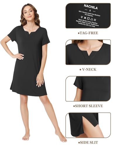Image of NACHILA Women's Nightgowns-Viscose Made from Bamboo, Nightshirt Short Sleeve Sleepshirts Soft Sleepwear Cool Sleep Dress