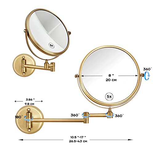 RECKODOR 8 Inch Brass Bathroom Magnifying Mirror Wall Mounted 5X, 360 Swivel Extendable Arm Cosmetic Mirror, Home Bathroom Shaving Vanity Mirror, Brushed Antique Brass by RECKODOR - Image 4