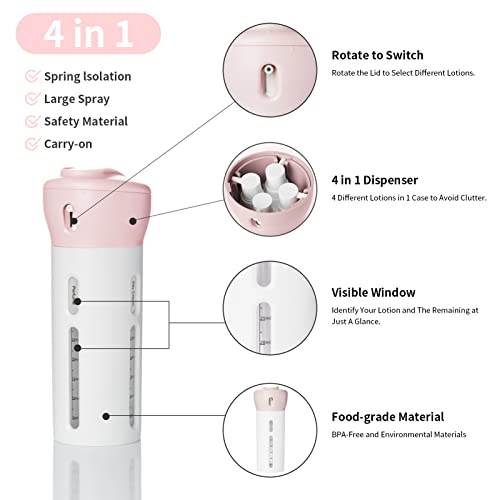 2 Pack 4 in 1 Travel Dispenser Bottle Leak Proof Container for Toiletries，Lotions，Shampoo，Conditioner，Sunscreen Cream.TSA Approved.Airplane Carry-on.（Pink+Gray）2
