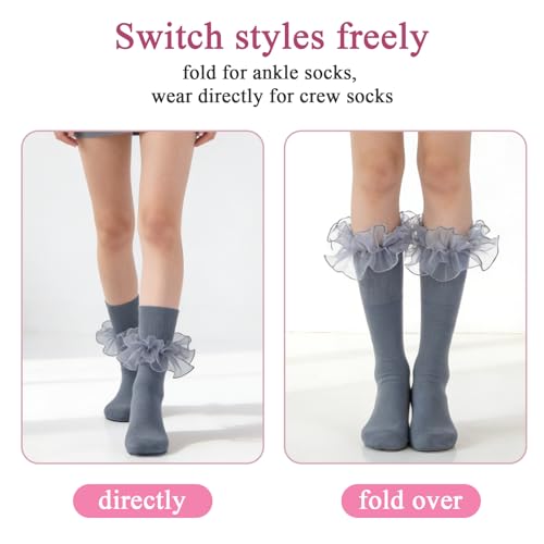 Image of Women Big Ruffle Ankle Socks Adult Double Lace Frilly Socks Fold Cuff Cotton Ruffled Dress Crew Bobby Bride Sock