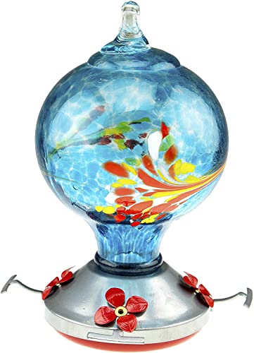 CLEVER GARDEN Hummingbird Feeder with Perch | Hand Blown Globe Glass in Blue | 29 Fluid Ounces Humming Bird Nectar Capacity with Hanging Metal Wires and Ant Moat Hook