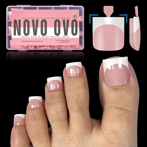 NOVO OVO French Tip Toe Nail Tips Press on, Sharp Square Pre-Designed Soft Gel False Toenail Extension, BABY PINK Pre-applied Tip Primer &amp; Base Coat, Full Cover Acrylic for DIY x 15 Sizes 240 pcs