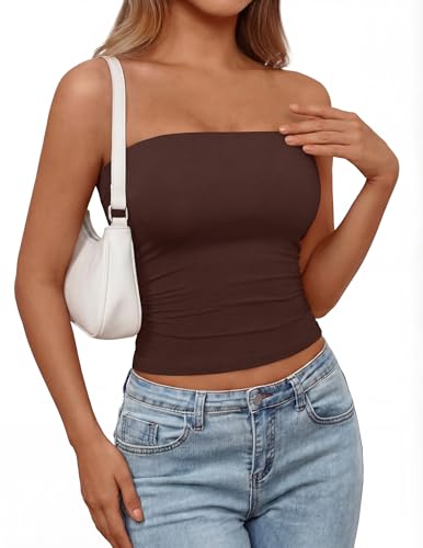 PRETTYGARDEN Womens Tube Top 2026 Summer Going Out Tops Strapless Y2K Bandeau Spring Fitted Shirts Beach Vacation Clothes (Brown Medium)