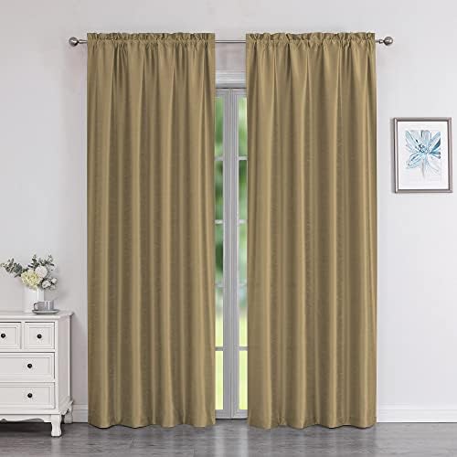 Chyhomenyc Uptown Faux Silk Living Room Window Curtains, 2 Panels Solid Slub Textured Gold Curtains 84 Inches Long, Luxury Classic Room Darkening Rod Pocket Bedroom Curtains & Drapes, 30" Wx84 L
