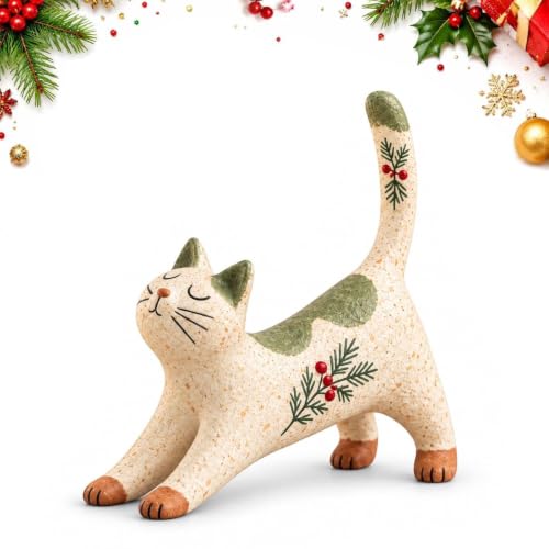 Woodland Christmas Cat Figurine, Rustic Kitten Shelf Decor (1PC)