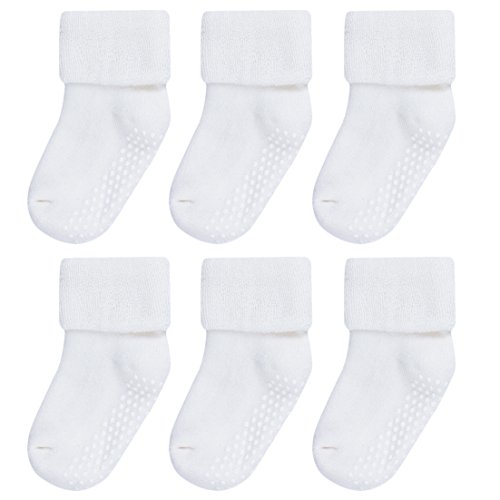 VWU Baby Socks with Grips Thick Cotton Socks for Toddler Infant Baby Girl Baby Boy 0-3 Years Old 5 Color (1-3 Years, White(6-pack))