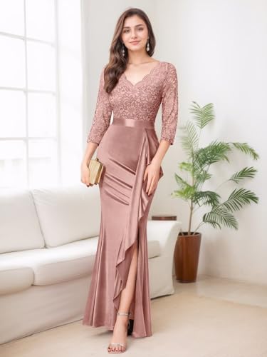 V-Neck Prom Dresses for Women Mermaid Long Sleeves Ruffle Lace Satin Formal Gown Evening Party Dresses with Slit2