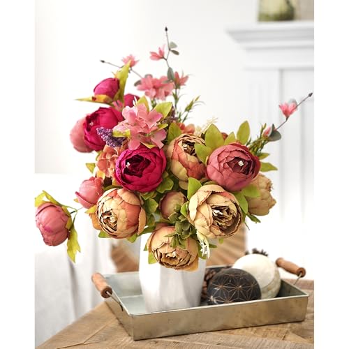 Image of FiveSeasonStuff Tawny Brown Artificial Peony Bouquets, 2 Silk Flower Bundles with Hydrangea Accents for Wedding Centerpieces & Home Decor