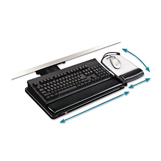 3M Keyboard Tray With Adjustable Keyboard And Mouse Platforms, Turn Knob To Adjust Height And Tilt, Swivels And Stores Under Desk, Gel Wrist Rest And Precise Mouse Pad, 17.75" Track, Black (AKT80LE)