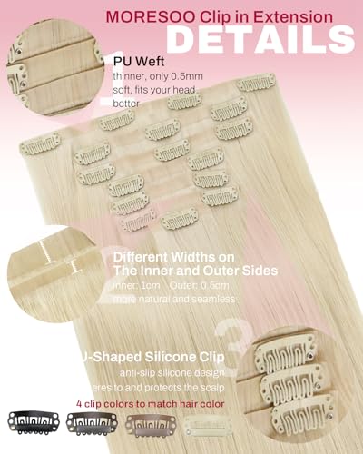 Image of Moresoo Blonde Clip in Hair Extensions, 22inch PU Weft, Real Human Hair | Seamless clip in hair extensions, light blonde, 120g 7pcs, for weddings and events, for elegant feminine styling