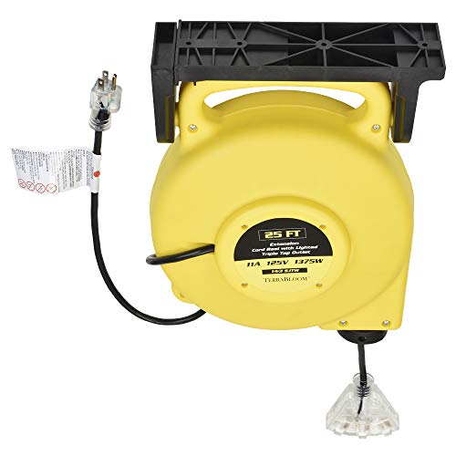 Terrabloom 25 Ft Retractable Extension Cord Reel - 2 In 1 Mountable & Portable Power Cord Reel With 3 Electrical Outlets - 14/3 Sjtw Heavy Duty Yellow Case And Black Cable With Lighted Power Block #TOP4