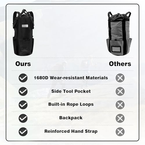 AOLEBA Arborist Rope Storage Bag Tree Climbing Rock Rope Bucket Backpack Rope Storage Bag 200\' Large Capacity 1680D Thicken Nylon Material with Hand Straps, Side Pockets - Black