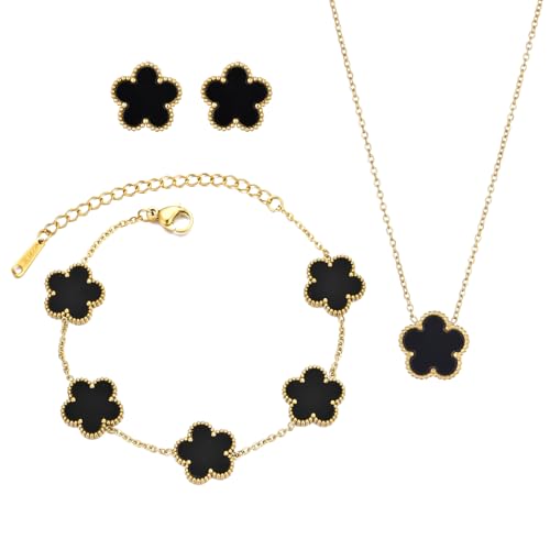 UOOANUO Clover Neckalce Earring Set for Women 14K Gold Plated Stainless Steel Four Leaf Clover Jewelry Set Gift (G-Black)