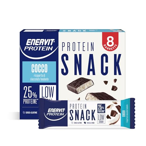 Enervit, Protein Snack al Cocco e Cioccolato Fondente, Low Sugar, Cuore Morbido al Cocco, Barrette Proteiche, Per il Controllo del Peso, Ricche in Fibre, Senza Glutine, 8 Barrette da 27g