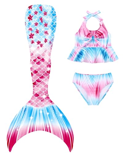 3PCS Girls Swimsuit Size 8 Mermaid Bathing Suit Kids Summer Bikini Swimwear with Bow Halter Ruffle