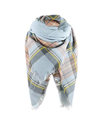 Trendy Women's Cozy Warm Winter Fall Blanket Scarf Stylish Soft Chunky Checked Giant Scarves Shawl Cape (One Size, Fresh Blue)