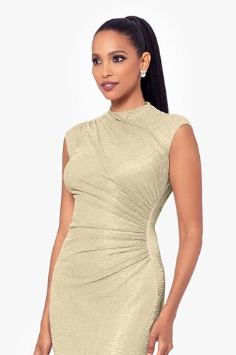 Image of Betsy & Adam Women's Metallic Knit Full Length Gown with Bateau Neck & Ruched Bodic
