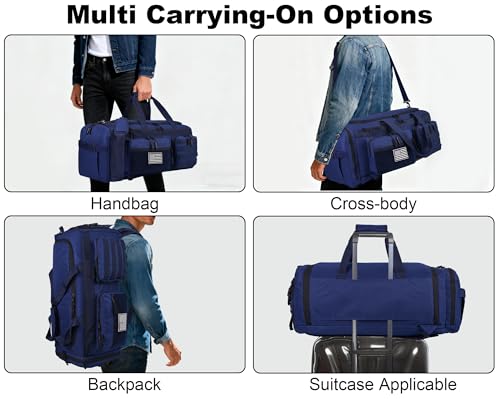Image of LHI 50L Tactical Duffle Bag for Men, 3-in-1 Gym Duffle and Backpack, Shoe Compartment, Laptop Sleeve and MOLLE, Carry-On Travel Weekender and Overnight Bag - Blue