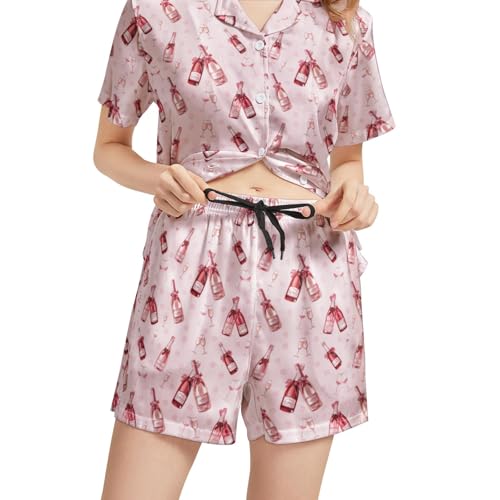 Image of Funny Satin Pajamas Set for Women Button Down Sleepwear Print Pjs Set 2 Piece Short Sleeve Loungewear Gift for Women