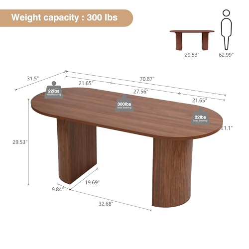 Image of 70.8 Inch Dining Table for 4-6 People, Oval Kitchen Table with Semi-Cylindrical Legs Base, Modern Farmhouse Round Dinner Tables for Dining Room Kitchen Living Room (Walnut)