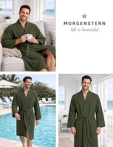 Morgenstern Bademantel Herren Leichter Waffelstoff aus 100% Baumwolle Waffelpique Fernan Oliv-Grün L