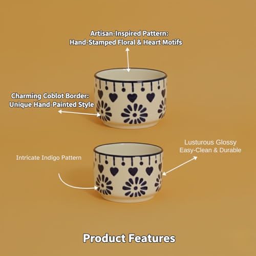 Image of Indigo Blossom 6-Piece Ceramic Dipping Bowl Set Housewarming Gifts - Microwave & Dishwasher Safe
