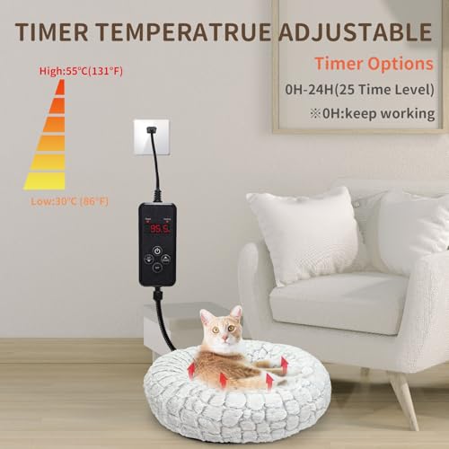 PETZOOKA Heated Cat Bed with Timer & Temp Adjustable, Round Heating Pet Bed for Cats Indoor 19