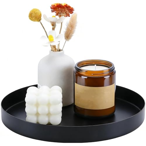 JYYWTSI Vassoio Decorativo Rotondo Nero in Metallo 20 cm, Vassoio Nero Opaco Design Elegante, Vassoio Portaoggetti per Bagno, Gioielli, Cosmetici e Candele