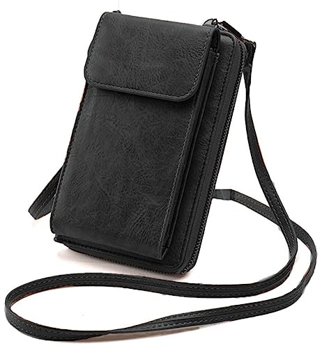 Cartera Móvil Cuero PU Bolso para Teléfono, Mini Bolso Bandolera con Monedero y Ranuras para Tarjetas, Correa Ajustable para el Hombro. (Negro)