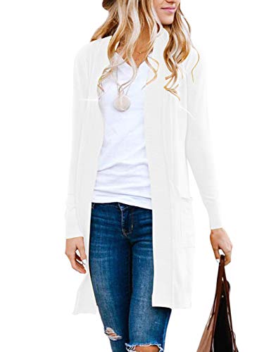 Merokeety Women's Long Sleeve Basic Knit Cardigan Ribbed Open Front Sweater Coat, White, S #TOP10