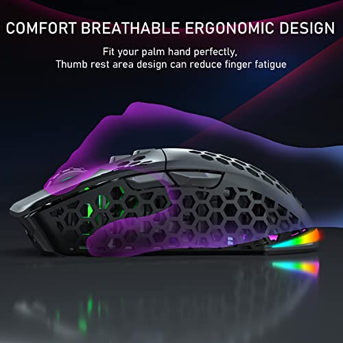 Solakaka Lightweight Wireless Gaming Mouse Bluetooth With Honeycomb Shell, Side Buttons, Rgb Lights, (2.4G/Bt5.0) Ergonomic Optical Rechargeable Computer Mice For Windows Pc/Mac - Black #TOP5
