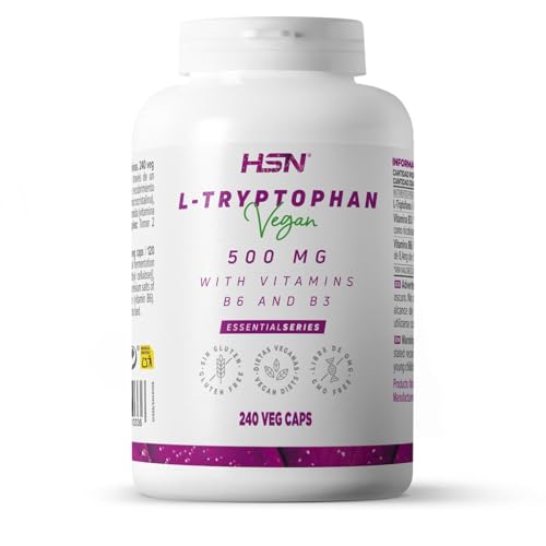 HSN L-Triptófano 500 mg | 240 Cápsulas Vegetales | Alta Concentración Puro Aminoácido Triptófano | Con Vitamina B6 y Niacina (B3) | No-GMO, Vegano, Sin Gluten