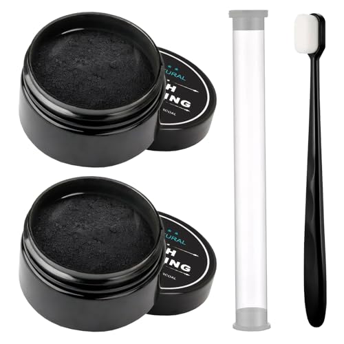 Aktivkohle Pulver 2 Schachteln,Zahnaufhellung Natural Charcoal Teeth Whitening Powder ZäHne Teeth Whitening Kommt mit 1 Zahnbürste Tiefenreinigung Des Mundes und Aufhellung der Zähne