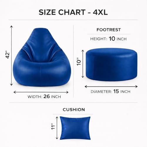 Image of 4XL Tear Drop Bean Bag with Footrest & Cushion | Premium Leatherette Bean Bag Cover | XXXXL Lounger Chair for Living Room | Without Beans | Upto 150 Kg (Blue, XXXXL)