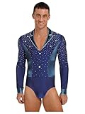 CHICTRY Camicia Body Uomo per Ballo Latino Americano Danza Standard Loetard Ginnastica Artistica Strass Body Danza Classica Costume Jazz Samba Rumba Salsa Blu scuro M