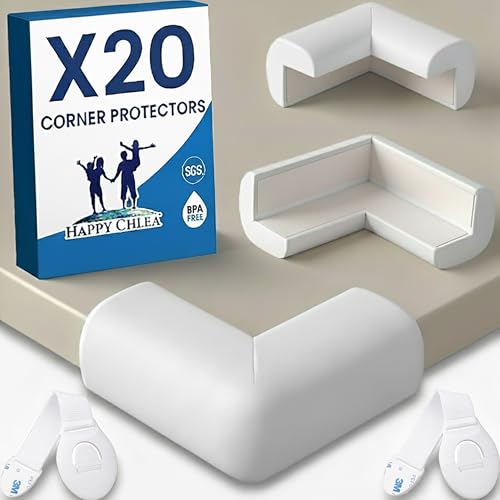 HAPPY CHLEA® Paraspigoli Angolari in Gomma con Tecnologia Schiuma Attiva, 20 Paraspigoli per Bambini Morbidi e 2 Blocca Cassetti, Para spigoli Tavolo e Mobili (Bianco)
