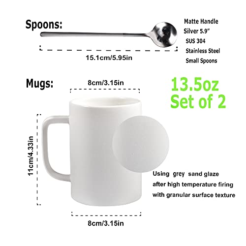Fmbb White Coffee Mug Set 13.5 Oz With Handle, Ceramic Mugs Set, 4-Pack Includes 2 White Cups And 2 Silver Spoons, Matte Finish, Daily Basis Reusable Sets For Summer #TOP1