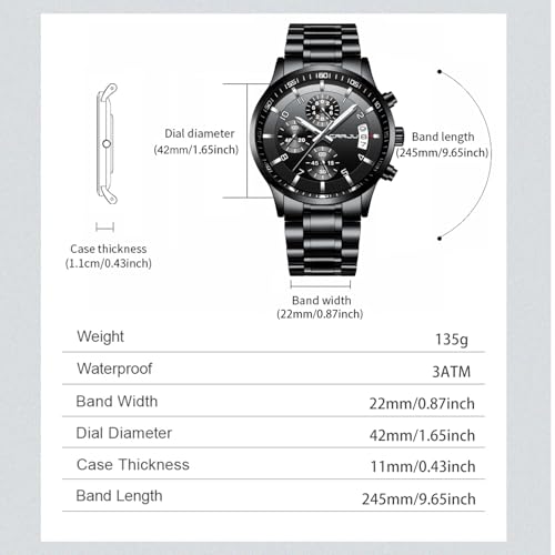 CRRJU Men's Black Fashion Stainsteel Steel Waterproof Quartz Wristwatches by CRRJU - Used condition - Image 6