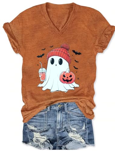 Womens Halloween Shirts Cute Ghost Shirts Halloween Pumpkin T-Shirt Fall Graphic Short Sleeve Tee Shirts (Brown5, Small)