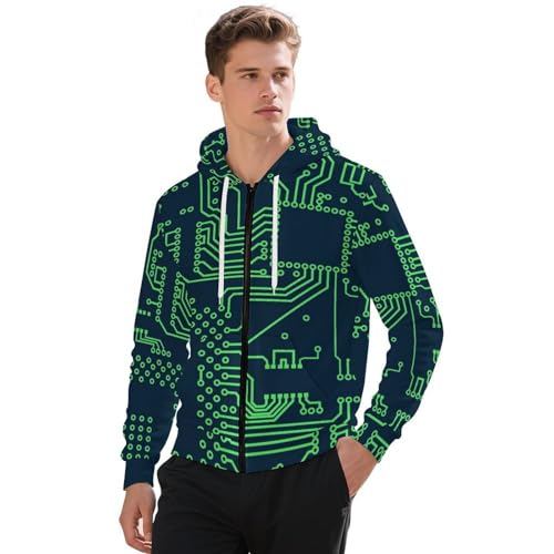 Circuit Board Pattern Men's Hoodie Full-zip Hooded Sweatshirt Zip-up Pockets Jackets