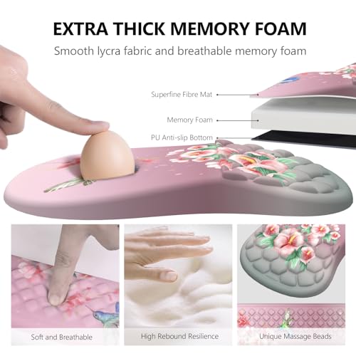 Mouse Pad Wrist Support, Laokiiy 2 in1 Keyboard Wrist Rest+ Ergonomic Mouse Pad, Non-Slip Wrist Rest for Computer Keyboard, Made Easy Typing & Relieve Wrist Pain(Bird Pink) — view 3