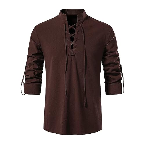 Men's Linen Cotton Retro Lace Up Shirt Long Sleeve V Neck Medieval Top Casual Pullover Henley Shirt (X-Large,Brown)