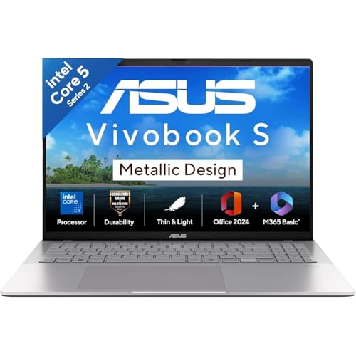 Image of ASUS Vivobook S16,Intel Core 5-210H (i5-14th Gen),Metallic Design Laptop, Intel UHD iGPU,16GB RAM,512GB SSD,FHD+,16 inch,144Hz,Windows 11,M365 Basic(1Year),Office Home 2024,Silver,1.7Kg, S3607VA-RP114WS